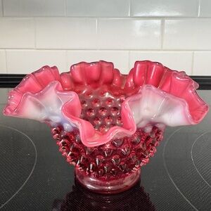 Vintage Fenton Art Glass Company Cranberry Opalescent Hobnail Ruffled Vase Bowl